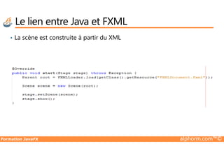 • La scène est construite à partir du XML
Le lien entre Java et FXML
Formation JavaFX alphorm.com™©
 