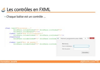• Chaque balise est un contrôle …
Les contrôles en FXML
Formation JavaFX alphorm.com™©
 