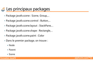 • Package javafx.scene : Scene, Group,…
• Package javafx.scene.control : Button,…
• Package javafx.scene.layout : StackPane,…
• Package javafx.scene.shape : Rectangle,…
Les principaux packages
Formation JavaFX alphorm.com™©
• Package javafx.scene.paint : Color
• Dans le premier package, on trouve :
Node
Parent
Scene
 