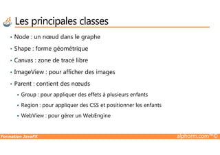 • Node : un nœud dans le graphe
• Shape : forme géométrique
• Canvas : zone de tracé libre
• ImageView : pour afficher des images
Les principales classes
Formation JavaFX alphorm.com™©
• Parent : contient des nœuds
Group : pour appliquer des effets à plusieurs enfants
Region : pour appliquer des CSS et positionner les enfants
WebView : pour gérer un WebEngine
 