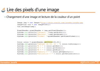 • Chargement d’une image et lecture de la couleur d’un point
Lire des pixels d’une image
Formation JavaFX alphorm.com™©
 
