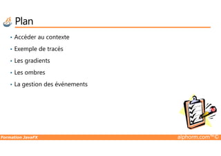 Plan
• Accéder au contexte
• Exemple de tracés
• Les gradients
• Les ombres
Formation JavaFX alphorm.com™©
• La gestion des événements
 