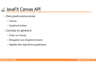 • Dans javafx.scene.canvas
Canvas
GraphicsContext
• Consiste en général à
Créer un Canvas
JavaFX Canvas API
Formation JavaFX alphorm.com™©
Créer un Canvas
Récupérer son GraphicsContext
Appeler des opérations graphiques
 