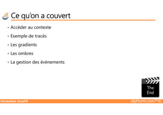 Ce qu’on a couvert
• Accéder au contexte
• Exemple de tracés
• Les gradients
• Les ombres
Formation JavaFX alphorm.com™©
• La gestion des événements
 