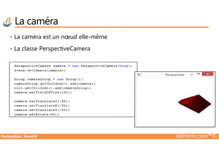 • La caméra est un nœud elle-même
• La classe PerspectiveCamera
La caméra
Formation JavaFX alphorm.com™©
 