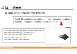 • La classe javafx.scene.paint.PhongMaterial
La matière
Formation JavaFX alphorm.com™©
 