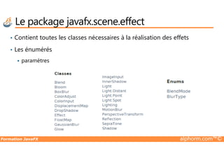 • Contient toutes les classes nécessaires à la réalisation des effets
• Les énumérés
paramètres
Le package javafx.scene.effect
Formation JavaFX alphorm.com™©
 