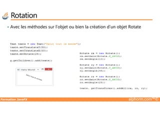 • Avec les méthodes sur l’objet ou bien la création d’un objet Rotate
Rotation
Formation JavaFX alphorm.com™©
 