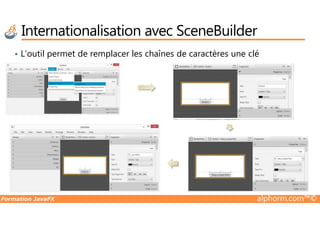 Internationalisation avec SceneBuilder
• L’outil permet de remplacer les chaînes de caractères une clé
Formation JavaFX alphorm.com™©
 