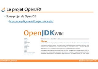 • Sous-projet de OpenJDK
http://openjdk.java.net/projects/openjfx/
Le projet OpenJFX
Formation JavaFX alphorm.com™©
 