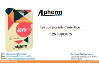 Les layouts
Les composants d’interface
Formation JavaFX alphorm.com™©
Site : http://www.alphorm.com
Blog : http://www.alphorm.com/blog
Forum : http://www.alphorm.com/forum
Fabien Brissonneau
Consultant, concepteur et formateur
Objets Logiciels
Les layouts
 