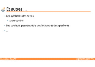 • Les symboles des séries
.chart-symbol
• Les couleurs peuvent être des images et des gradients
• …
Et autres …
Formation JavaFX alphorm.com™©
 