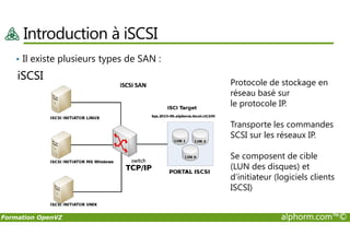 Introduction à iSCSI
• Il existe plusieurs types de SAN :
iSCSI
Protocole de stockage en
réseau basé sur
le protocole IP.
Transporte les commandes
Formation OpenVZ alphorm.com™©
Transporte les commandes
SCSI sur les réseaux IP.
Se composent de cible
(LUN des disques) et
d’initiateur (logiciels clients
ISCSI)
 