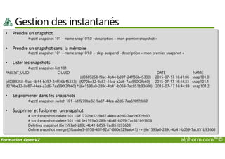 Gestion des instantanés
• Prendre un snapshot
#vzctl snapshot 101 --name snap101.0 –description « mon premier snapshot »
• Prendre un snapshot sans la mémoire
#vzctl snapshot 101 --name snap101.0 --skip-suspend –description « mon premier snapshot »
• Lister les snapshots
#vzctl snapshot-list 101
PARENT_UUID C UUID DATE NAME
{d0389258-f9ac-4b44-b397-24ff36b45333} 2015-07-17 16:41:06 snap101.0
{d0389258-f9ac-4b44-b397-24ff36b45333} {f270be32-9a87-44ea-a2d6-7aa590f2fb60} 2015-07-17 16:44:33 snap101.1
Formation OpenVZ alphorm.com™©
{d0389258-f9ac-4b44-b397-24ff36b45333} {f270be32-9a87-44ea-a2d6-7aa590f2fb60} 2015-07-17 16:44:33 snap101.1
{f270be32-9a87-44ea-a2d6-7aa590f2fb60} * {6e1593a0-289c-4b41-b059-7ac851b93608} 2015-07-17 16:44:39 snap101.2
• Se promener dans les snapshots
#vzctl snapshot-switch 101 –id f270be32-9a87-44ea-a2d6-7aa590f2fb60
• Supprimer et fusionner un snapshot
# vzctl snapshot-delete 101 --id f270be32-9a87-44ea-a2d6-7aa590f2fb60
# vzctl snapshot-delete 101 --id 6e1593a0-289c-4b41-b059-7ac851b93608
Deleting snapshot {6e1593a0-289c-4b41-b059-7ac851b93608
Online snapshot merge {5fbaabe3-6958-40ff-92a7-860e329aab41} -> {6e1593a0-289c-4b41-b059-7ac851b93608
 