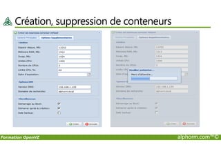 Création, suppression de conteneurs
Formation OpenVZ alphorm.com™©
 