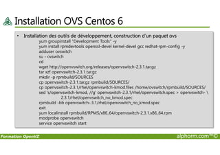 Installation OVS Centos 6
• Installation des outils de développement, construction d’un paquet ovs
yum groupinstall "Development Tools" -y
yum install rpmdevtools openssl-devel kernel-devel gcc redhat-rpm-config -y
adduser ovswitch
su - ovswitch
cd
wget http://openvswitch.org/releases/openvswitch-2.3.1.tar.gz
tar xzf openvswitch-2.3.1.tar.gz
mkdir -p rpmbuild/SOURCES
Formation OpenVZ alphorm.com™©
mkdir -p rpmbuild/SOURCES
cp openvswitch-2.3.1.tar.gz rpmbuild/SOURCES/
cp openvswitch-2.3.1/rhel/openvswitch-kmod.files /home/ovswitch/rpmbuild/SOURCES/
sed 's/openvswitch-kmod, //g' openvswitch-2.3.1/rhel/openvswitch.spec > openvswitch- 
2.3.1/rhel/openvswitch_no_kmod.spec
rpmbuild -bb openvswitch-.3.1/rhel/openvswitch_no_kmod.spec
exit
yum localinstall rpmbuild/RPMS/x86_64/openvswitch-2.3.1.x86_64.rpm
modprobe openvswitch
service openvswitch start
 