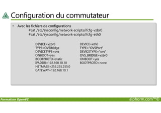 Configuration du commutateur
• Avec les fichiers de configurations
#cat /etc/sysconfig/network-scripts/ifcfg-vzbr0
#cat /etc/sysconfig/network-scripts/ifcfg-eth0
DEVICE=vzbr0
TYPE=OVSBridge
DEVICETYPE=ovs
ONBOOT=yes
DEVICE=eth0
TYPE="OVSPort"
DEVICETYPE="ovs"
OVS_BRIDGE=vzbr0
Formation OpenVZ alphorm.com™©
ONBOOT=yes
BOOTPROTO=static
IPADDR=192.168.10.10
NETMASK=255.255.255.0
GATEWAY=192.168.10.1
OVS_BRIDGE=vzbr0
ONBOOT=yes
BOOTPROTO=none
 