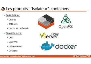 Formation Virtualisation légère avec LXC alphorm.com™©
Les produits : “Isolateur”, containers
• En isolation :
 Chroot
 BSD Jails
 Les zones de Solaris
• En containers :
 LXC
 OpenVZ
 Linux-Vserver
 Dockers
 