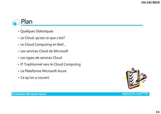 19/10/2015
11
Plan
• Quelques Statistiques
• Le Cloud, qu’est ce que c’est?
• Le Cloud Computing en Bref…
• Les services Cloud de Microsoft
• Les types de services Cloud
Formation Microsoft Azure alphorm.com™©
• Les types de services Cloud
• IT Traditionnel vers le Cloud Computing
• La Plateforme Microsoft Azure
• Ce qu’on a couvert
 