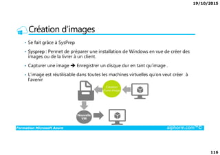19/10/2015
116
Création d’images
• Se fait grâce à SysPrep
• Sysprep : Permet de préparer une installation de Windows en vue de créer des
images ou de la livrer à un client.
• Capturer une image Enregistrer un disque dur en tant qu’image .
• L’image est réutilisable dans toutes les machines virtuelles qu’on veut créer à
l’avenir
Formation Microsoft Azure alphorm.com™©
l’avenir
 