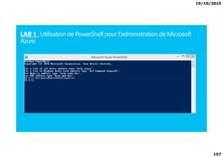 19/10/2015
157
LAB 1 : Utilisation de PowerShell pour l'administration de Microsoft
Azure
 