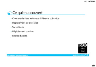 19/10/2015
166
Ce qu’on a couvert
• Création de sites web sous différents scénarios
• Déploiement de sites web
• Surveillance
• Déploiement continu
Formation Microsoft Azure alphorm.com™©
• Règles d'alerte
 
