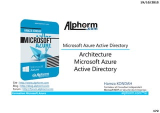 19/10/2015
172
Architecture
Microsoft Azure Active Directory
Formation Microsoft Azure alphorm.com™©
Hamza KONDAH
Formateur et Consultant indépendant
Microsoft MVP en Sécurité des Entreprises
Architecture
Microsoft Azure
Active Directory
Site : http://www.alphorm.com
Blog : http://blog.alphorm.com
Forum : http://forum.alphorm.com
 