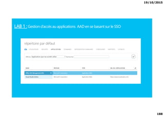 19/10/2015
188
LAB 1 :Gestion d’accès au applications AAD en se basant sur le SSO
 
