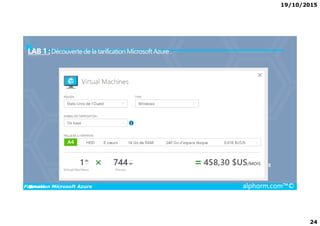 19/10/2015
24
LAB 1 :Découvertede la tarificationMicrosoftAzure.
Formation Microsoft Azure alphorm.com™©
 