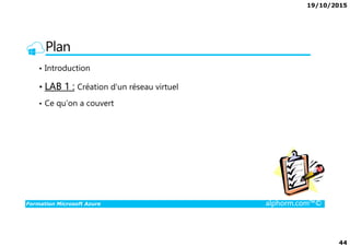 19/10/2015
44
Plan
• Introduction
• LAB 1 : Création d'un réseau virtuel
• Ce qu’on a couvert
Formation Microsoft Azure alphorm.com™©
 