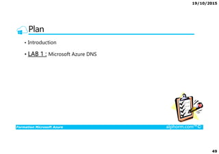 19/10/2015
49
Plan
• Introduction
• LAB 1 : Microsoft Azure DNS
Formation Microsoft Azure alphorm.com™©
 