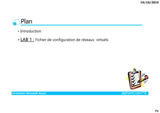 19/10/2015
71
Plan
• Introduction
• LAB 1 : Fichier de configuration de réseaux virtuels
Formation Microsoft Azure alphorm.com™©
 