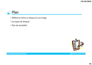 19/10/2015
76
Plan
• Différence entre un disque et une image
• Les types de disques
• Plan de durabilité
Formation Microsoft Azure alphorm.com™©
 