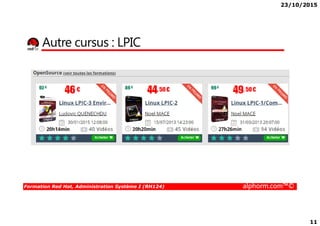 23/10/2015
11
Autre cursus : LPIC
Formation Red Hat, Administration Système I (RH124) alphorm.com™©
 