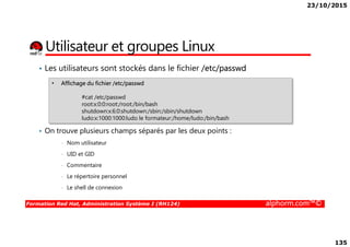 23/10/2015
135
Utilisateur et groupes Linux
• Les utilisateurs sont stockés dans le fichier /etc/passwd
• Affichage du fichier /etc/passwd
#cat /etc/passwd
root:x:0:0:root:/root:/bin/bash
shutdown:x:6:0:shutdown:/sbin:/sbin/shutdown
ludo:x:1000:1000:ludo le formateur:/home/ludo:/bin/bash
Formation Red Hat, Administration Système I (RH124) alphorm.com™©
• On trouve plusieurs champs séparés par les deux points :
• Nom utilisateur
• UID et GID
• Commentaire
• Le répertoire personnel
• Le shell de connexion
 