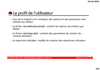 23/10/2015
140
Le profil de l’utilisateur
• Lors de la création d’un utilisateur des options et des paramètres sont
utilisées par défaut.
• Le fichier /etc/default/useradd : contient les options de création par
défaut
• Le fichier /etc/login.defs : contient des paramètres de création du
compte utilisateur
Formation Red Hat, Administration Système I (RH124) alphorm.com™©
compte utilisateur
• Le répertoire /etc/skel : modèle de création des répertoires utilisateur
 