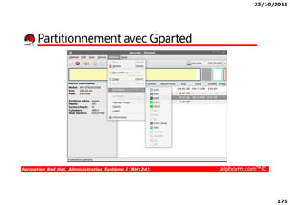 23/10/2015
175
Partitionnement avec Gparted
Formation Red Hat, Administration Système I (RH124) alphorm.com™©
 