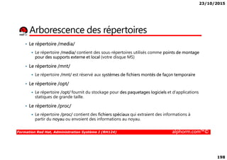 23/10/2015
198
Arborescence des répertoires
• Le répertoire /media/
Le répertoire /media/ contient des sous-répertoires utilisés comme points de montage
pour des supports externe et local (votre disque MS)
• Le répertoire /mnt/
Le répertoire /mnt/ est réservé aux systèmes de fichiers montés de façon temporaire
Formation Red Hat, Administration Système I (RH124) alphorm.com™©
• Le répertoire /opt/
Le répertoire /opt/ fournit du stockage pour des paquetages logiciels et d'applications
statiques de grande taille.
• Le répertoire /proc/
Le répertoire /proc/ contient des fichiers spéciaux qui extraient des informations à
partir du noyau ou envoient des informations au noyau.
 