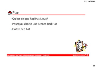 23/10/2015
20
Plan
• Qu’est-ce que Red Hat Linux?
• Pourquoi choisir une licence Red Hat
• L’offre Red hat
Formation Red Hat, Administration Système I (RH124) alphorm.com™©
 