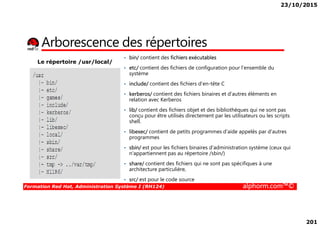 23/10/2015
201
Arborescence des répertoires
• bin/ contient des fichiers exécutables
• etc/ contient des fichiers de configuration pour l'ensemble du
système
• include/ contient des fichiers d'en-tête C
• kerberos/ contient des fichiers binaires et d'autres éléments en
relation avec Kerberos
• lib/ contient des fichiers objet et des bibliothèques qui ne sont pas
conçu pour être utilisés directement par les utilisateurs ou les scripts
Le répertoire /usr/local/
Formation Red Hat, Administration Système I (RH124) alphorm.com™©
conçu pour être utilisés directement par les utilisateurs ou les scripts
shell.
• libexec/ contient de petits programmes d'aide appelés par d'autres
programmes
• sbin/ est pour les fichiers binaires d'administration système (ceux qui
n'appartiennent pas au répertoire /sbin/)
• share/ contient des fichiers qui ne sont pas spécifiques à une
architecture particulière,
• src/ est pour le code source
 