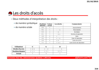 23/10/2015
216
Les droits d’accès
• Deux méthodes d’interprétation des droits :
de manière symbolique
de manière octale
Formation Red Hat, Administration Système I (RH124) alphorm.com™©
 