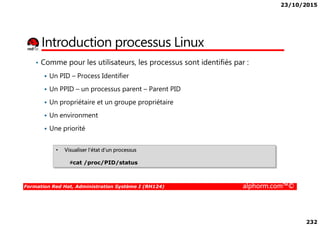 23/10/2015
232
Introduction processus Linux
• Comme pour les utilisateurs, les processus sont identifiés par :
Un PID – Process Identifier
Un PPID – un processus parent – Parent PID
Un propriétaire et un groupe propriétaire
Un environment
Formation Red Hat, Administration Système I (RH124) alphorm.com™©
Un environment
Une priorité
• Visualiser l’état d’un processus
#cat /proc/PID/status
 