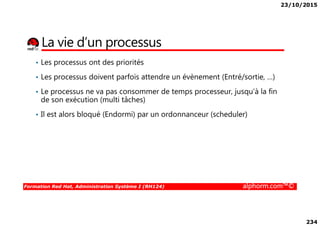 23/10/2015
234
La vie d’un processus
• Les processus ont des priorités
• Les processus doivent parfois attendre un évènement (Entré/sortie, …)
• Le processus ne va pas consommer de temps processeur, jusqu’à la fin
de son exécution (multi tâches)
• Il est alors bloqué (Endormi) par un ordonnanceur (scheduler)
Formation Red Hat, Administration Système I (RH124) alphorm.com™©
• Il est alors bloqué (Endormi) par un ordonnanceur (scheduler)
 