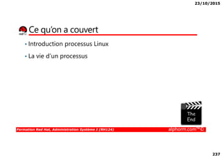 23/10/2015
237
Ce qu’on a couvert
• Introduction processus Linux
• La vie d’un processus
Formation Red Hat, Administration Système I (RH124) alphorm.com™©
 