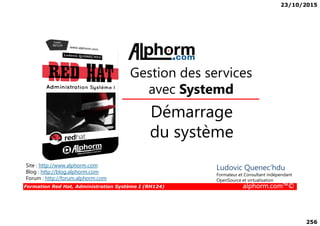 23/10/2015
256
Démarrage
Gestion des services
avec Systemd
Formation Red Hat, Administration Système I (RH124) alphorm.com™©
Démarrage
du système
Site : http://www.alphorm.com
Blog : http://blog.alphorm.com
Forum : http://forum.alphorm.com
Ludovic Quenec'hdu
Formateur et Consultant indépendant
OpenSource et virtualisation
 
