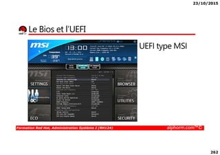 23/10/2015
262
Le Bios et l’UEFI
UEFI type MSI
Formation Red Hat, Administration Système I (RH124) alphorm.com™©
 