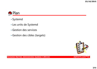 23/10/2015
273
Plan
• Systemd
• Les units de Systemd
• Gestion des services
• Gestion des cibles (targets)
Formation Red Hat, Administration Système I (RH124) alphorm.com™©
• Gestion des cibles (targets)
 