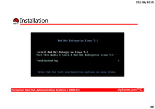 23/10/2015
29
Installation
Formation Red Hat, Administration Système I (RH124) alphorm.com™©
 