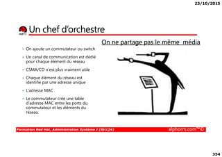 23/10/2015
354
Un chef d’orchestre
• On ajoute un commutateur ou switch
• Un canal de communication est dédié
pour chaque élément du réseau
• CSMA/CD n’est plus vraiment utile
• Chaque élément du réseau est
On ne partage pas le même média
Formation Red Hat, Administration Système I (RH124) alphorm.com™©
• Chaque élément du réseau est
identifié par une adresse unique
• L’adresse MAC
• Le commutateur crée une table
d’adresse MAC entre les ports du
commutateur et les éléments du
réseau.
 