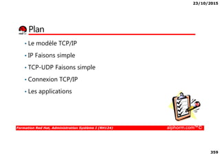 23/10/2015
359
Plan
• Le modèle TCP/IP
• IP Faisons simple
• TCP-UDP Faisons simple
• Connexion TCP/IP
Formation Red Hat, Administration Système I (RH124) alphorm.com™©
• Connexion TCP/IP
• Les applications
 